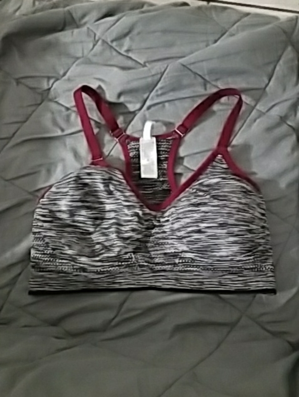 Everyday Support Heathered Black & White Sports Bralette with Burgundy Trim
